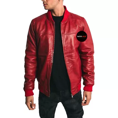 Mens Soft Genuine Sheepskin Leather Jacket Motorcycle Slim Fit Red Bomber Jacket • $139.17