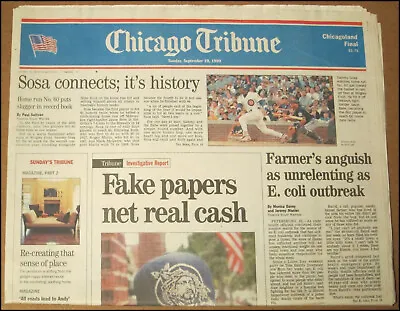 9/19/1999 Chicago Tribune Newspaper Sammy Sosa 60th Home Run Cubs 1st To 60 2x • $15.99