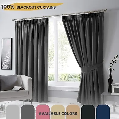 Pair Of Plain Blackout Curtains Ring Top/Pencil Pleat Decorative Bedroom Curtain • £17.99