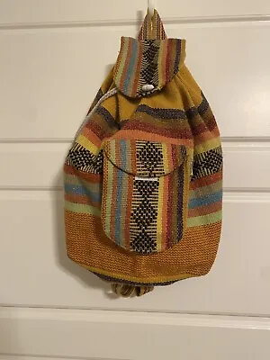 Mexican Backpack Pinzon Bag FULL SIZE Artisan Gold RED Yellow Boho Woven Baja • $16.95