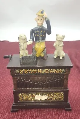 CAST IRON BANK  Organ Bank  Monkey Dog Cat Antique  Reproduction Mechanical • $43