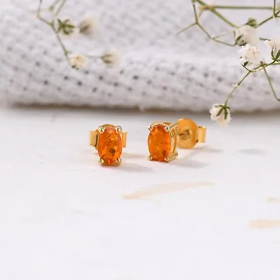 Mexican Fire Opal Stud Earring In Yellow Gold Plated Sterling Silver For Women • $74.99