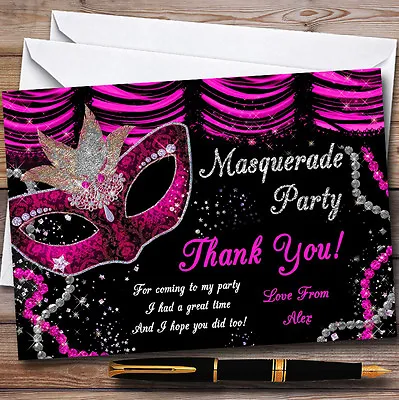 Pink & Black Mask Masquerade Ball Personalised Party Thank You Cards • £9.99