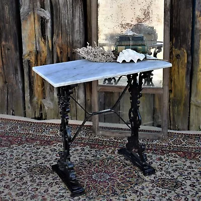 Antique White Carrara Marble Topped Black Cast Iron Outdoor Garden Table • £495