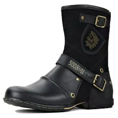 Mens Western Cowboy Mid Calf Boots Casual Round Toe Side Zip Buckle Biker Shoes • $53.20