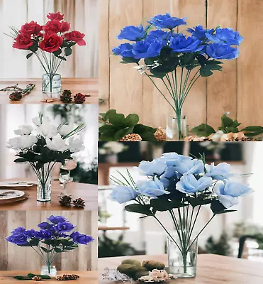 12 Heads Stems Artificial Silk Flowers OpenRose Bunch Wedding Home Grave Outdoor • £2.69