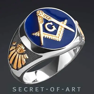 Masonic Ring Blue Lodge 925 Silver Freemason Masonry Gold-Plated All Seeing Eye • £152.80