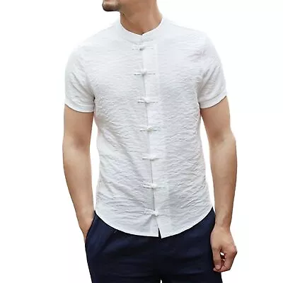 Men Shirt Slim Fit Daily Wear Mandarin Collar Men Summer Top Chinese Traditional • $15.49