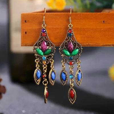 Beautiful Retro Long 3 Tassel Multicolor Lucite & Crystal Chandelier Earrings • $11.96