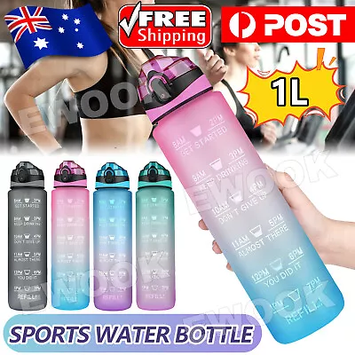 1L Water Bottle Motivational Drink Flask With Time Markings BPA Free Sport Gym • $13.45