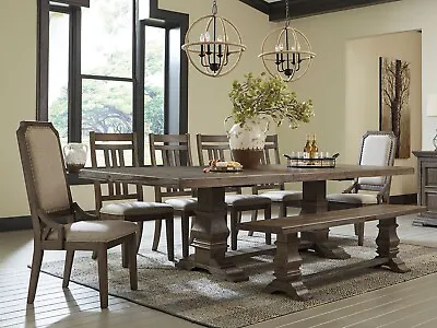 SPECIAL - 8 Piece Rustic Farmhouse Brown Pine Dining Table Bench Chairs Set IC03 • $2344.97