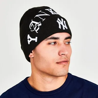 New Era New York Yankees MLB Blackletter  Knit Beanie Hat Cap Black White Unisex • $29.94