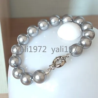 Beautiful 12mm Grey South Sea Shell Pearl Round Beads Bracelet 7.5  • $0.99