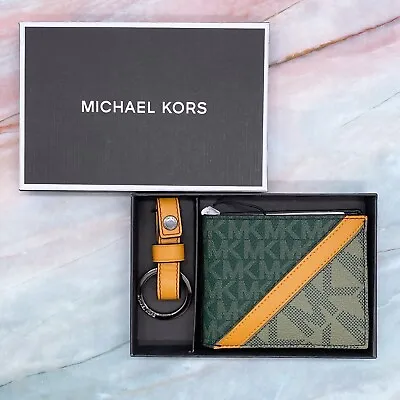 NWT Michael Kors Men's Gifting Slim Bifold Wallet Key Fob Set PVC Leather Green • $59