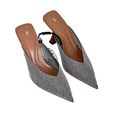 ZARA Women's Rhinestone Slip On Heels Size 37/6.5 Silver Sparkly Pointed Toes • $49