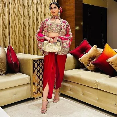 Designer IndoWestern Dress For Women Indian Crop Top With Patiyala & Jacket Set • $81.24