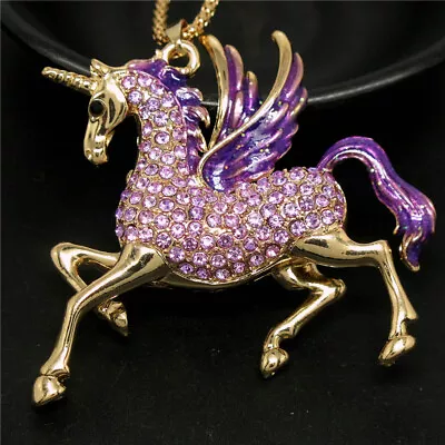 $3.95 • Buy Betsey Johnson  Purple Enamel Pegasus Unicorn Crystal Pendant Chain Necklace