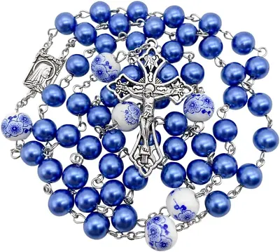 Blue Pearl Beads Rosary White Flowers Beaded Necklace Lourdes Medal & Cross Cruc • £19.99