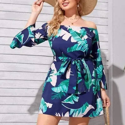 $24.95 • Buy Shein Off The Shoulder Tropical Print Belted Plus Size Dress
