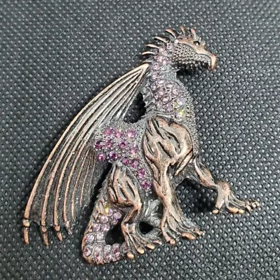 Vintage Copper + Amethyst Crystal Dragon Lapel Pin 2  Designer Excellent Shape • $10