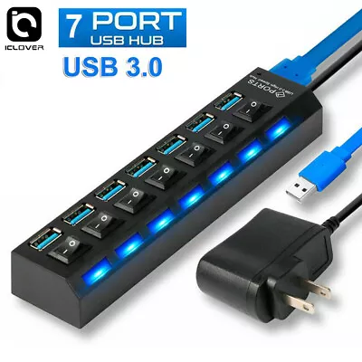 7 Port USB 3.0 Hub On/Off Switch High Speed Splitter AC Adapter Cable PC Laptop • $11.99