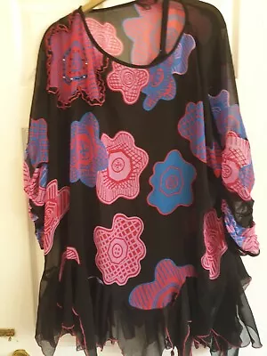 ZANDRA RHODES BLACK & PINK - BOHO Chiffon Dress / Long Top -  Size 22 - BUST 64  • $73.36