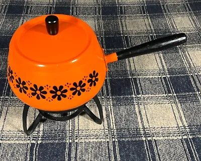 Vintage Fondue Pot Set Orange Black Flowers Retro 60s 70s • $25.70