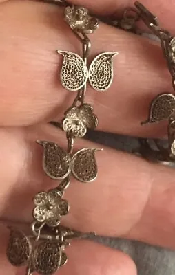 {Antique} Sterling Butterfly Silver Filigree Floral Link Bracelet 7.2” {Vintage} • $29.99
