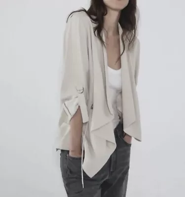 Zara Women's Lightweight Waterfall Front Cardigan Jacket Beige Drawstring Sz XS • £24.13