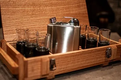 Wood Box Set Shot Glasses Flask Military Spent Shells MK19 Cartridge Case • $360