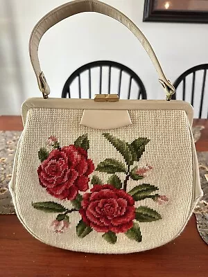 Vintage Needlepoint Purse Handbag White Floral Rose Classic 1960s Designer Style • $39.99