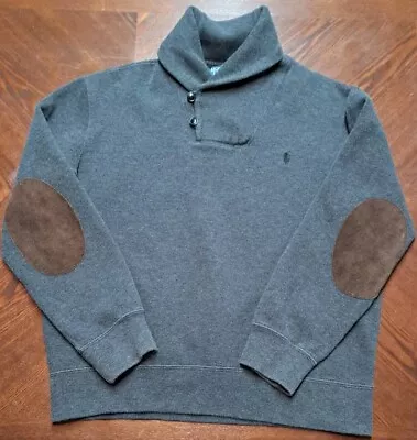 Polo Ralph Lauren Shawl Collar Cotton Elbow Patch Sweater Gray Pullover Pony • $44