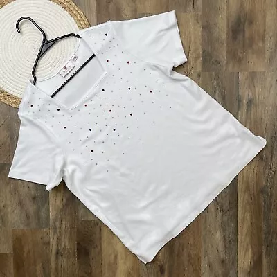 Quacker Factory White Beaded Square Neck Top Size Large Short Sleeves • $12.72