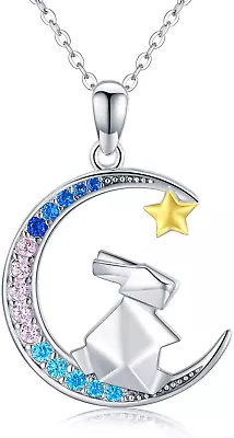 Bunny On Moon Necklace 925 Sterling Silver Origami Cute Rabbit Pendant Gifts • $93.56