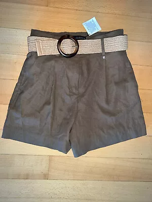 ZARA LINEN /VISCOSE SHORTS  Raffia Belt Safari Khaki Shorts S EU 36 • £24