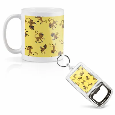 Mug & Bottle Opener-Keyring-set - Yellow Cheeky Monkey Pattern Jungle   #46492 • £9.99