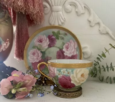 Antique Limoges T&V Cup & Saucer/Plate Hand Painted Roses Gold Encrusted • $81