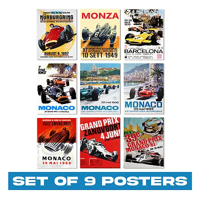 Set Of 9 Vintage Car Racing Posters - Monaco Grand Prix Classic Wall Art Poster • £18.99