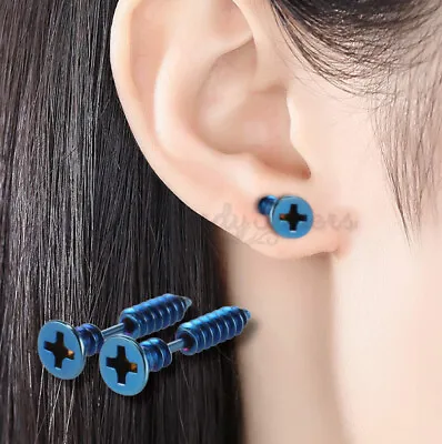 Blue Ear Studs Straight Nail Screw Shape Stud Earrings Surgical Steel Piercing • $5.04