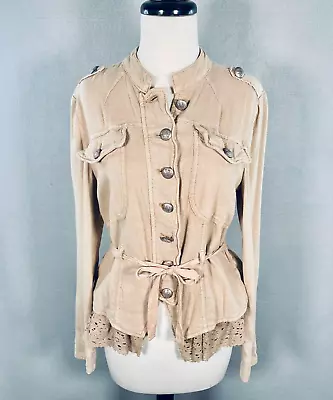 Free People Military Jacket Womens XS Beige  Linen Blend Button Up Ruffle • £25.95