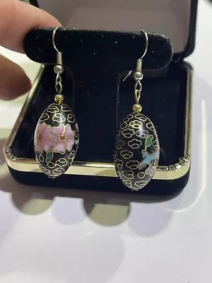 Vintage Chinese Cloisonné Floral Hook Earrings Oval Shapes Black Gold Pink • $12.49