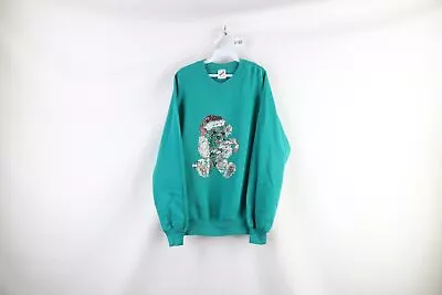 Vtg 90s Streetwear Womens L Distressed Sequined Christmas Bear Sweatshirt USA • $35.95