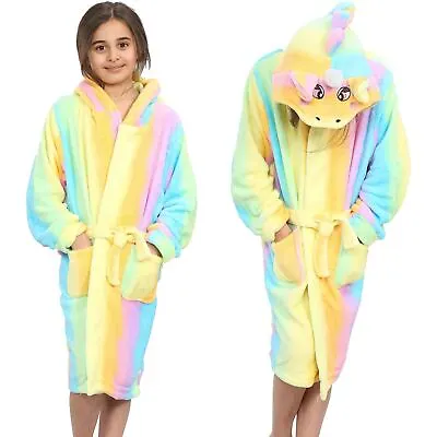 Girls Unicorn 3D Animal Rainbow Bathrobe Dressing Gown Fleece Night Loungewear • £5.99