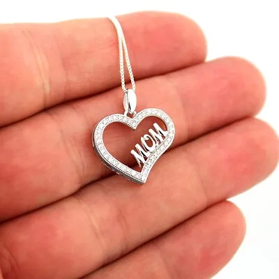 Sterling Silver Heart MOM Pendant Necklace Mothers Day Elegant CZ Jewelry N67 • $32.99
