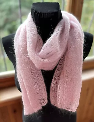 Women Powder Pink Knit Fuzzy Wool Kid Mohair Scarf Hand Knit Light Transparent • $44.99