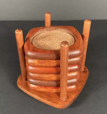 Vintage Wooden Mid Century Modern Teak Wood & Cork 6 Coaster Set With Holder EUC • $25.89