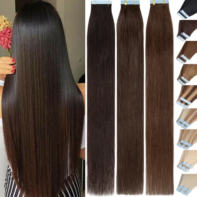 £23.28 • Buy Thick Tape In Hair Extensions Remy Human Hair Skin Weft FULL HEAD Brown/Blonde