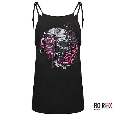 £6 • Buy Ro Rox Callie T-shirt Floral Skull Roses Print Tie Shoulder Punk Goth Style Top