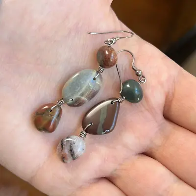 Australian Jasper Beach Pebble Sterling Silver Earrings Handcrafted Zen Jewelry • £33.73