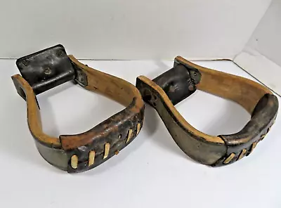Vintage Pair Horse Stirrups Wood Wrapped With Tin & Leather Western Farm Ranch • $49.99
